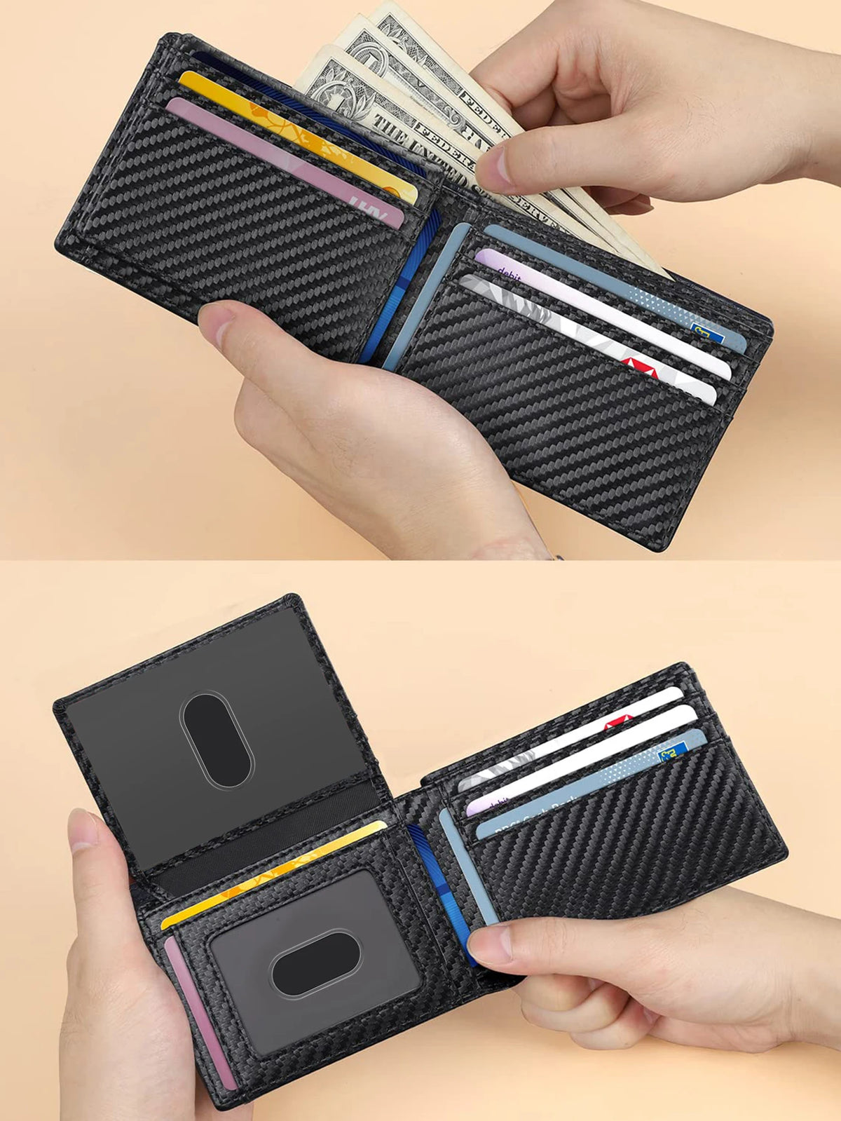 A black textured wallet is shown open, displaying several credit cards and cash inside.