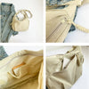 A beige soft nylon crossbody shoulder bag shown in various angles with a zipper detail and adjustable strap.
