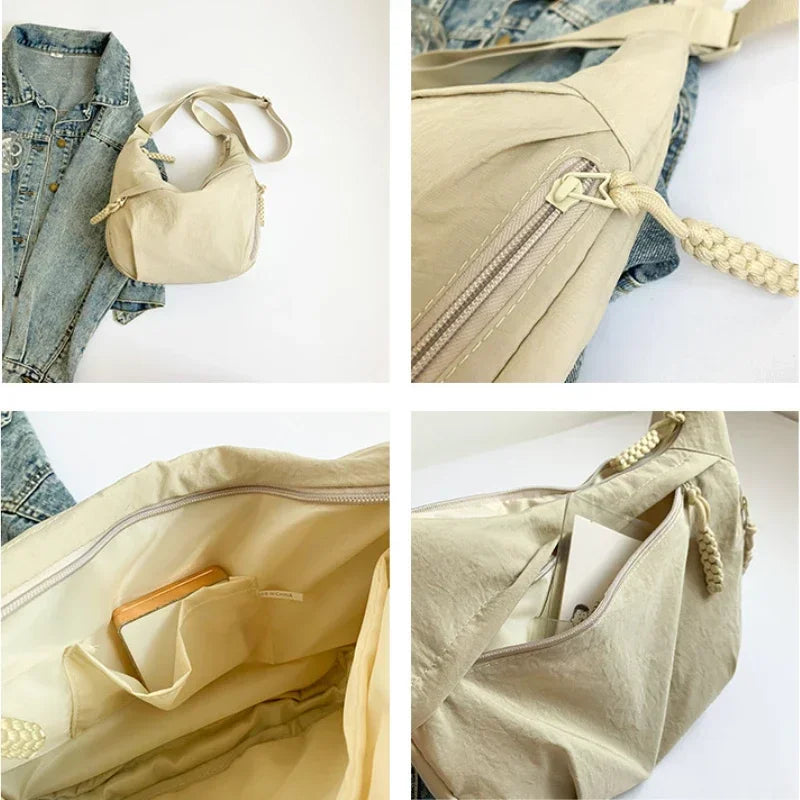 A beige soft nylon crossbody shoulder bag shown in various angles with a zipper detail and adjustable strap.