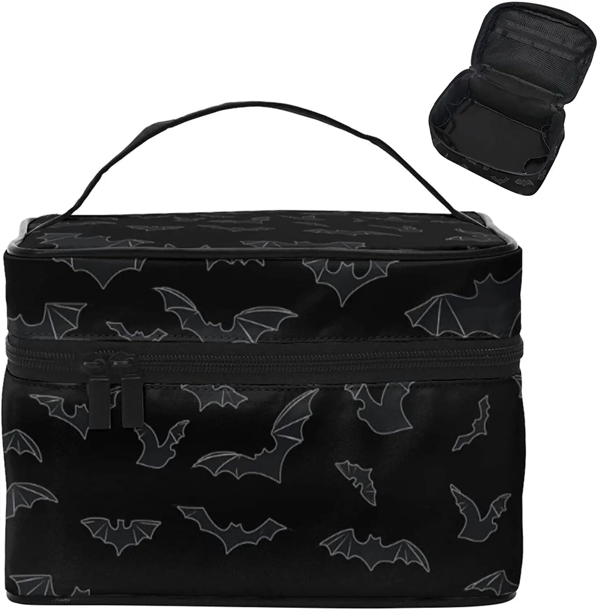 Bolsa organizadora de maquillaje portátil negra con compartimento con cremallera y una bolsa separada.