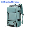 A light blue waterproof travel backpack featuring a hidden shoulder strap and multiple compartments.