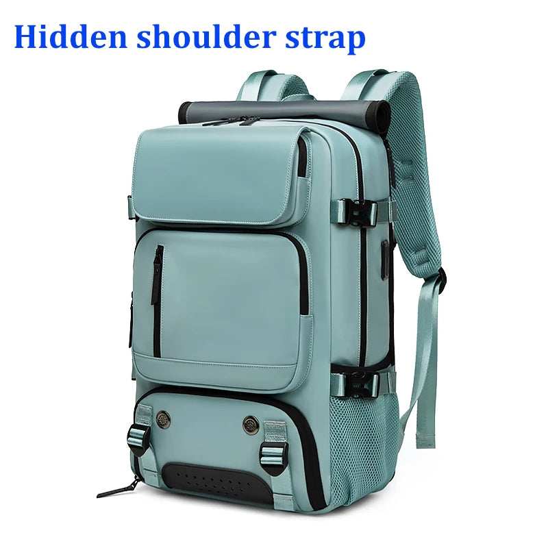 A light blue waterproof travel backpack featuring a hidden shoulder strap and multiple compartments.