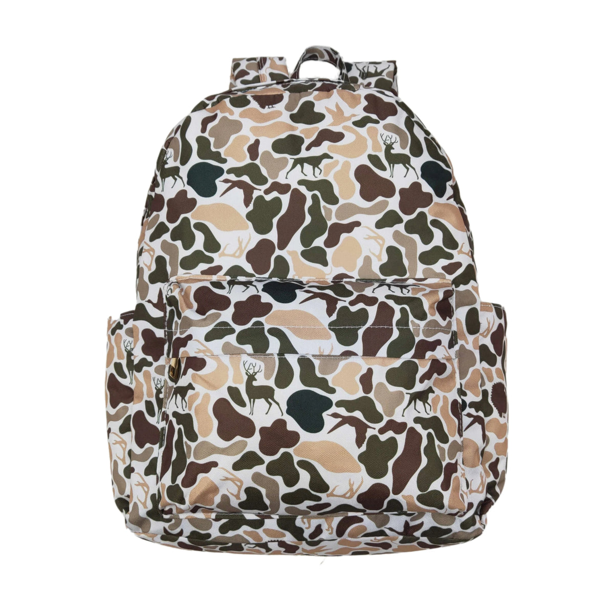 A camouflage patterned toddler backpack featuring brown, green, and tan animal prints.