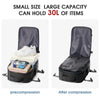 A black expandable vacuum compression travel backpack showing its precompression and after compression states.
