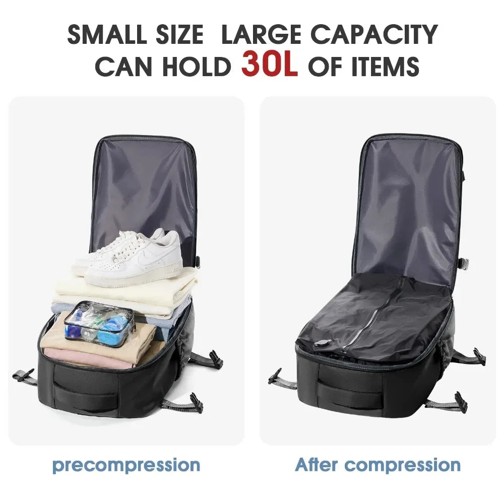 A black expandable vacuum compression travel backpack showing its precompression and after compression states.