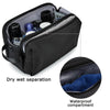Black toiletry bag showing dry wet separation and a waterproof compartment with blue material