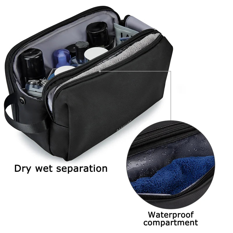 Black toiletry bag showing dry wet separation and a waterproof compartment with blue material