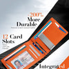 Orange leather wallet with 12 card slots and money clip features shown against a dark background.