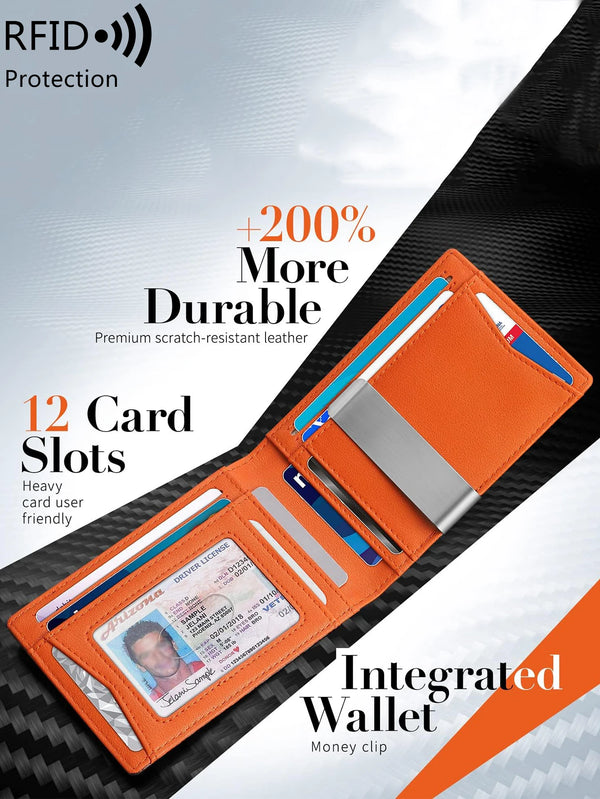 An orange leather card holder with 12 slots and an integrated money clip is shown against a dark background.
