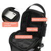 A black durable men's oxford sling bag shown with various accessories and internal pockets.