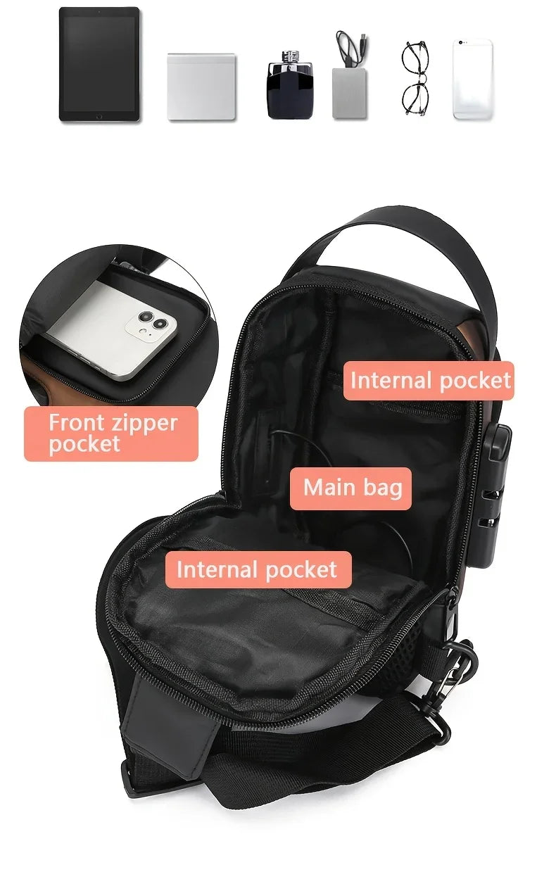 A black durable men's oxford sling bag shown with various accessories and internal pockets.