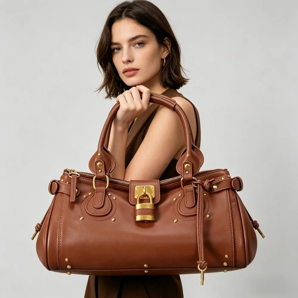 A woman holds a brown vegan leather tote bag with a gold lock buckle clip against a light gray background.