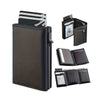 A dark brown slim aluminum pop-up card holder with multiple slots and an RFID blocking feature.