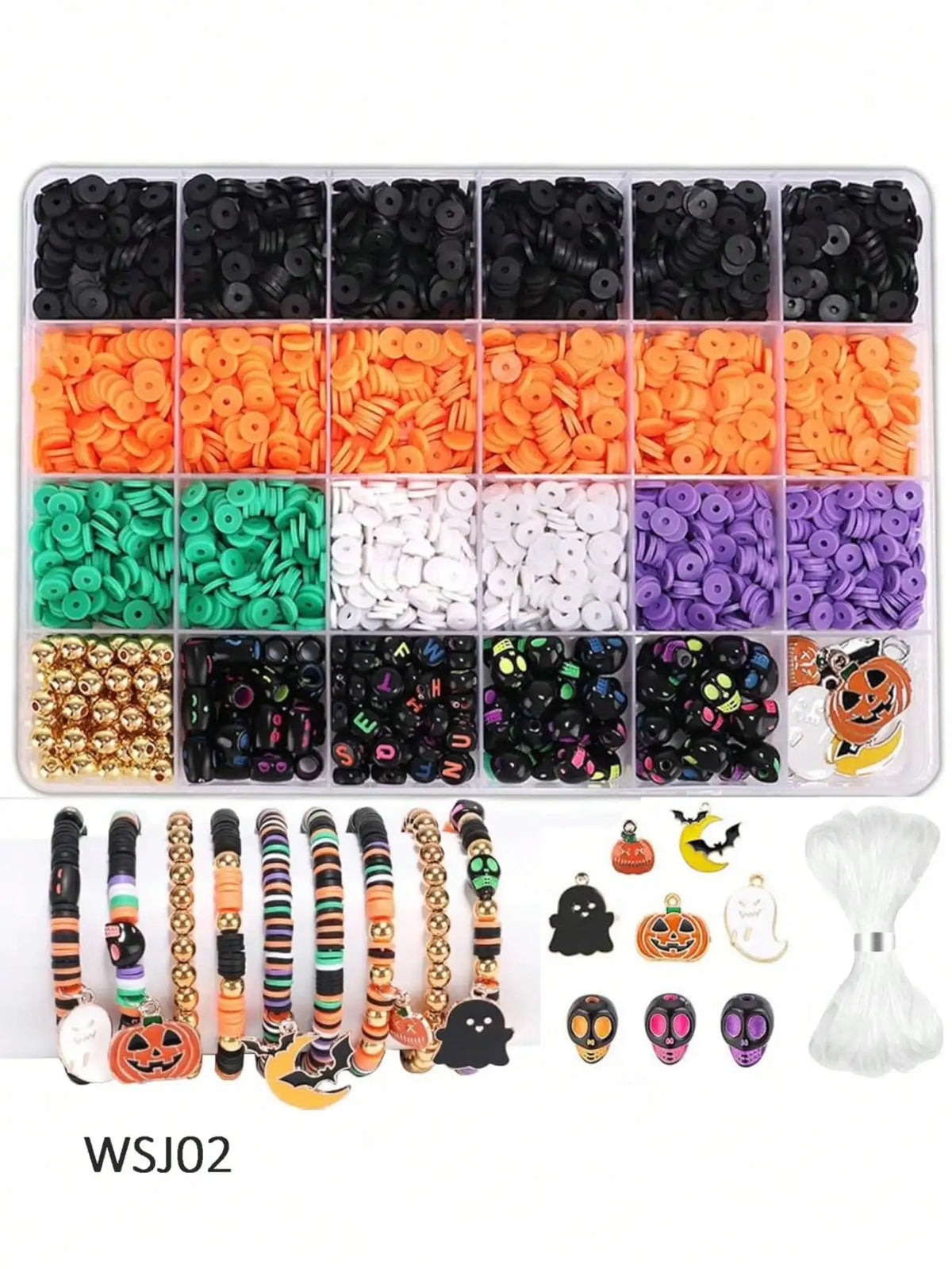 A kit containing various colored polymer clay beads and Halloween-themed charms for bracelet making.
