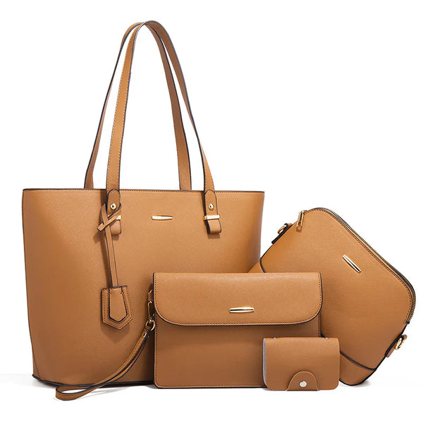 A tan leather tote bag set consisting of a large tote, a clutch, and a small wallet.