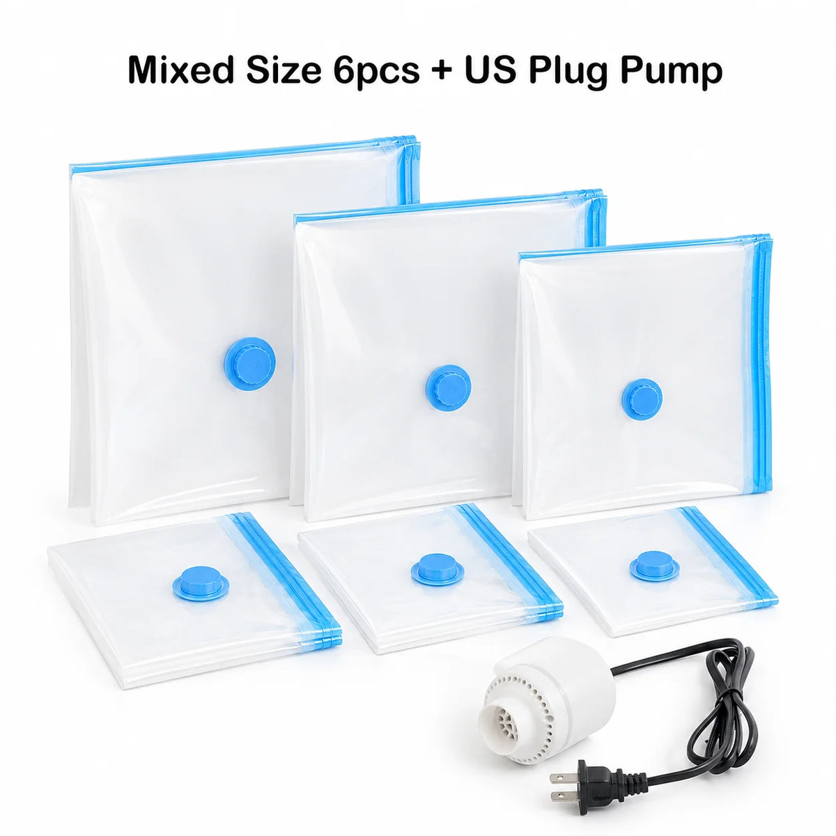Mixed size vacuum storage bags for clothes with a US plug pump and power cord