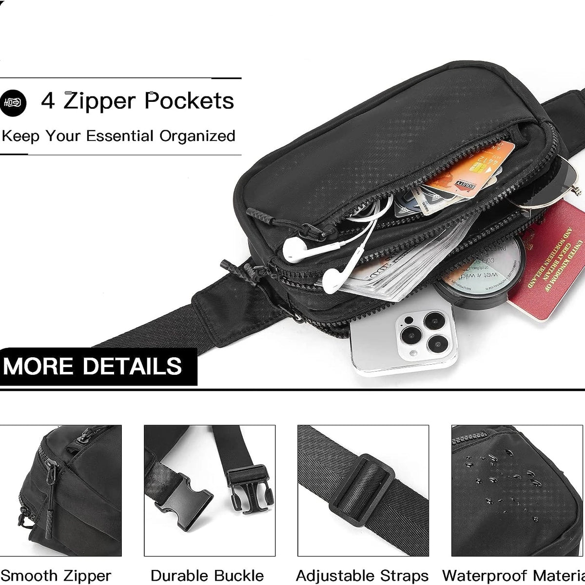 Black multi-functional crossbody storage bag with four zipper pockets and adjustable straps
