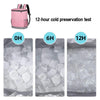 Pink heavy duty leak-proof cooler backpack tested for 0, 6, and 12 hours of cold preservation.