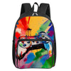A colorful, abstract art design on a black backpack featuring a GamePad cartoon graphic and a front pocket.