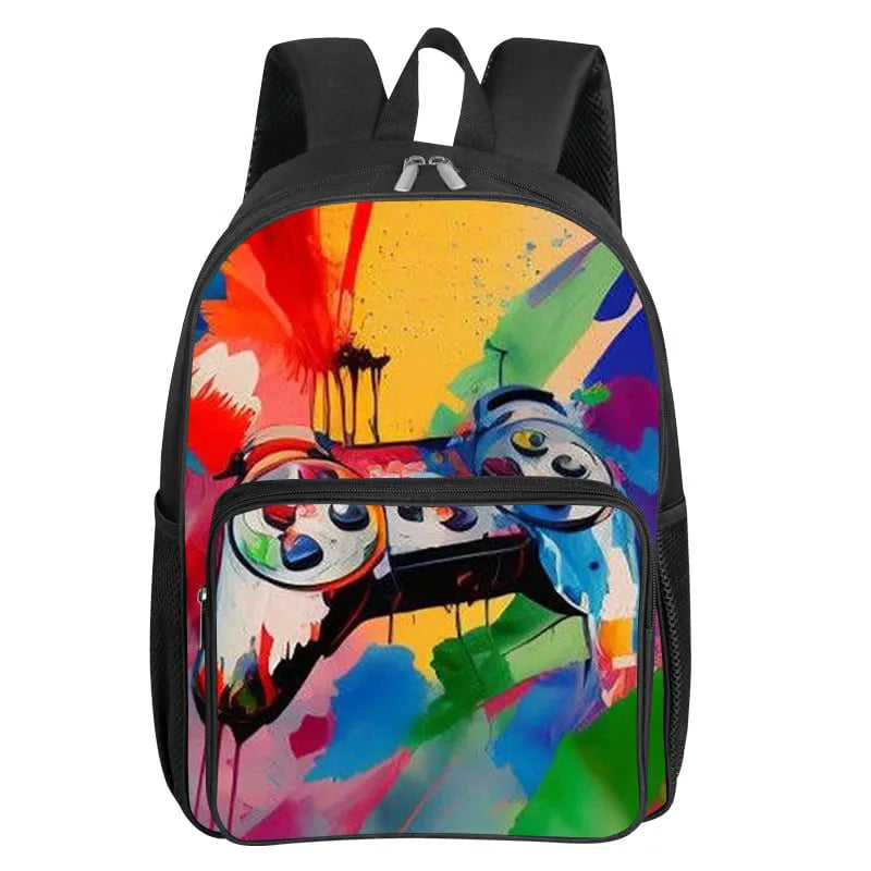 A colorful, abstract art design on a black backpack featuring a GamePad cartoon graphic and a front pocket.