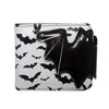 Black faux leather bat print bi-fold wallet with a zipper pocket