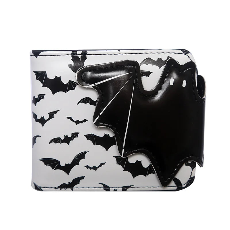 Black faux leather bat print bi-fold wallet with a zipper pocket