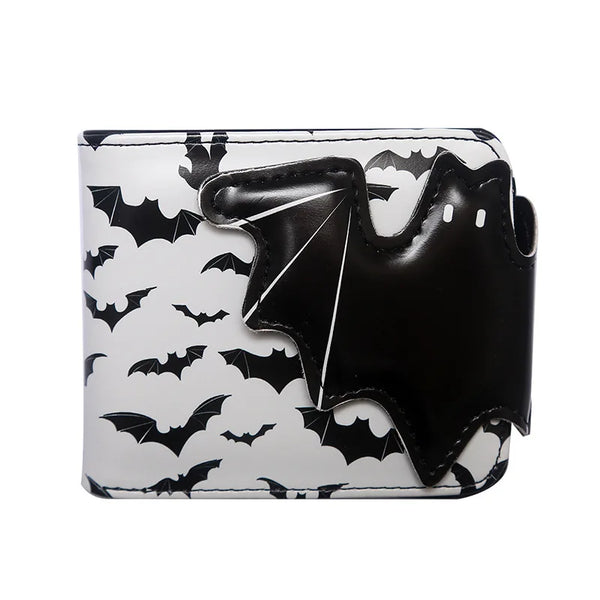 Black faux leather bat print bi-fold wallet with a zipper pocket