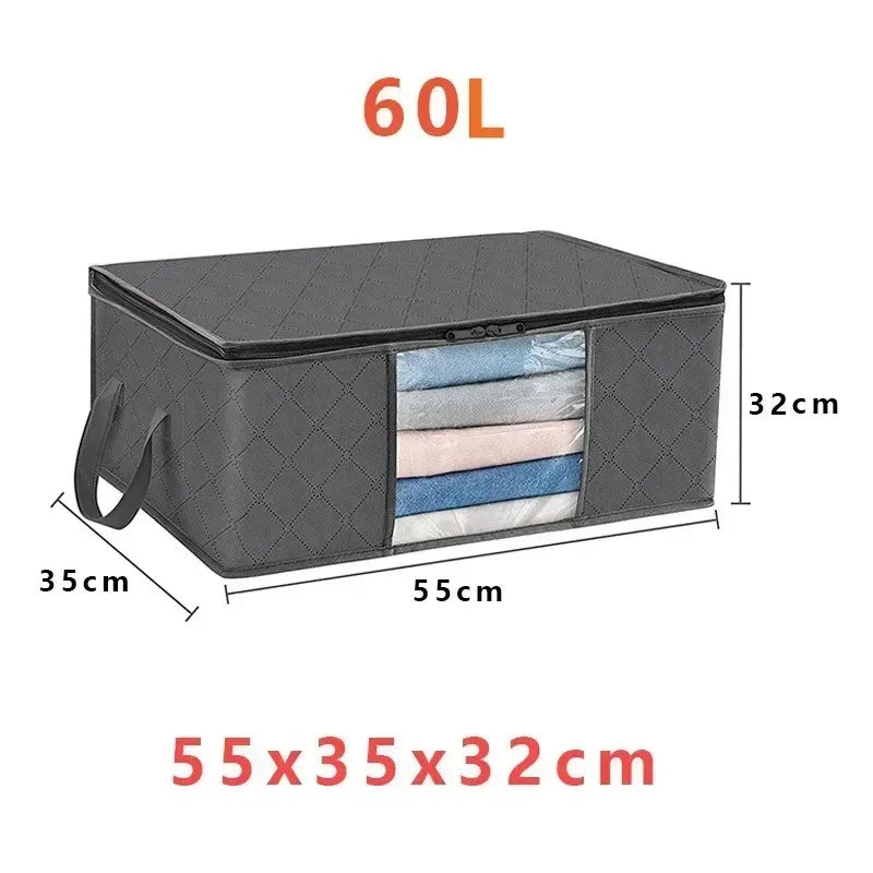 A black foldable storage bag with a clear window showing folded fabrics, measuring 55x35x32 cm.