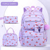 Lila Kirschmuster-Rucksack-Set mit Hauptrucksack und separatem Beutel.