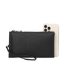 A black clutch bag with a zipper and a beige smartphone is shown against a white background.