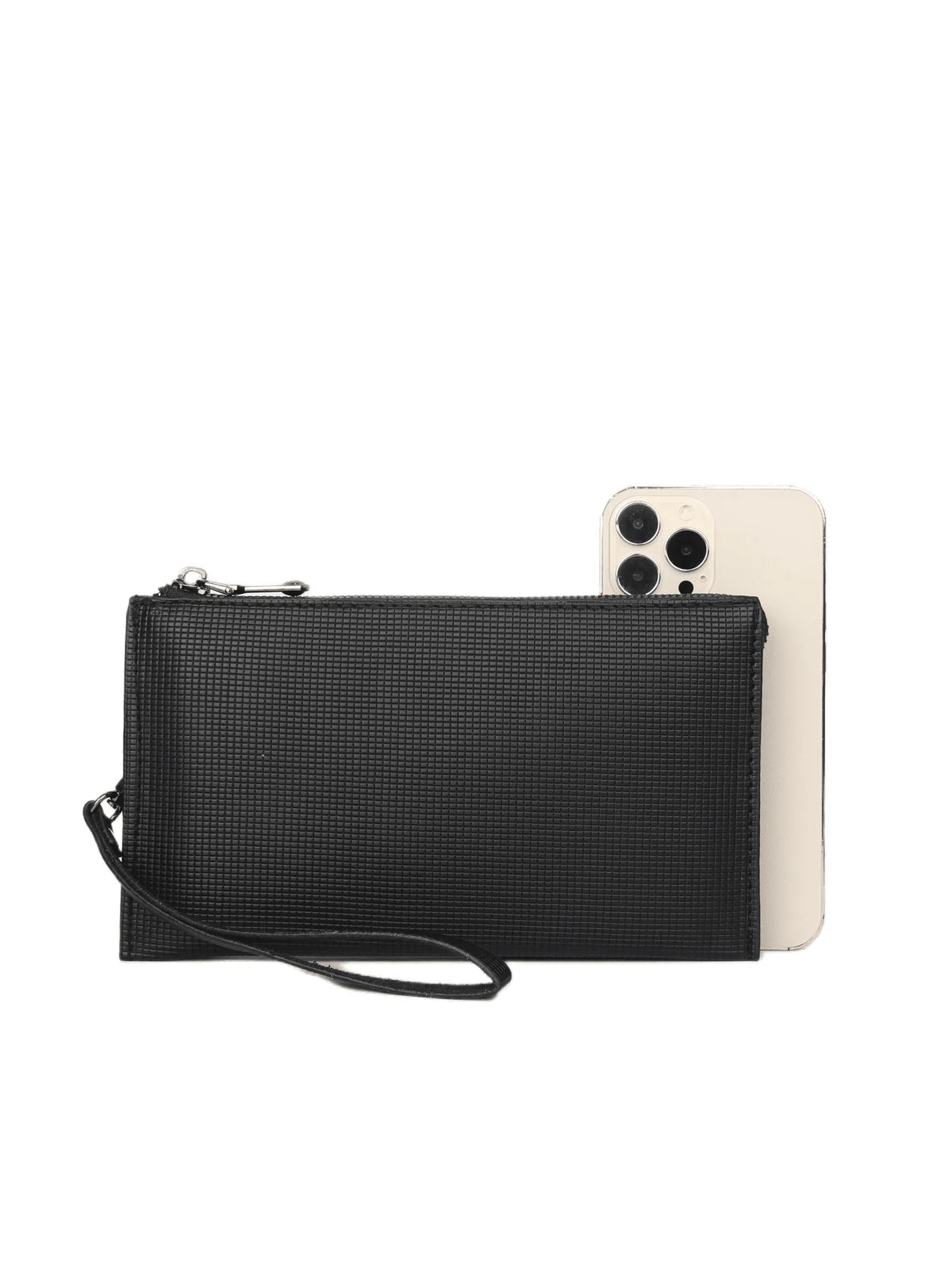 A black clutch bag with a zipper and a beige smartphone is shown against a white background.