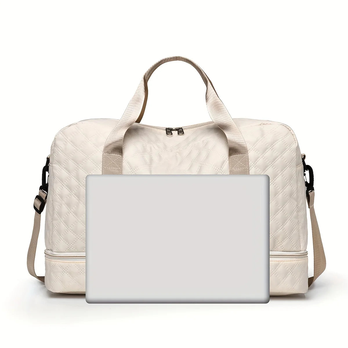 A beige durable nylon travel duffle bag with light tan straps and a blank white laptop sleeve.