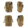 Olive green tactical MOLLE waist pouch with a dedicated phone pocket shown from the front and side.