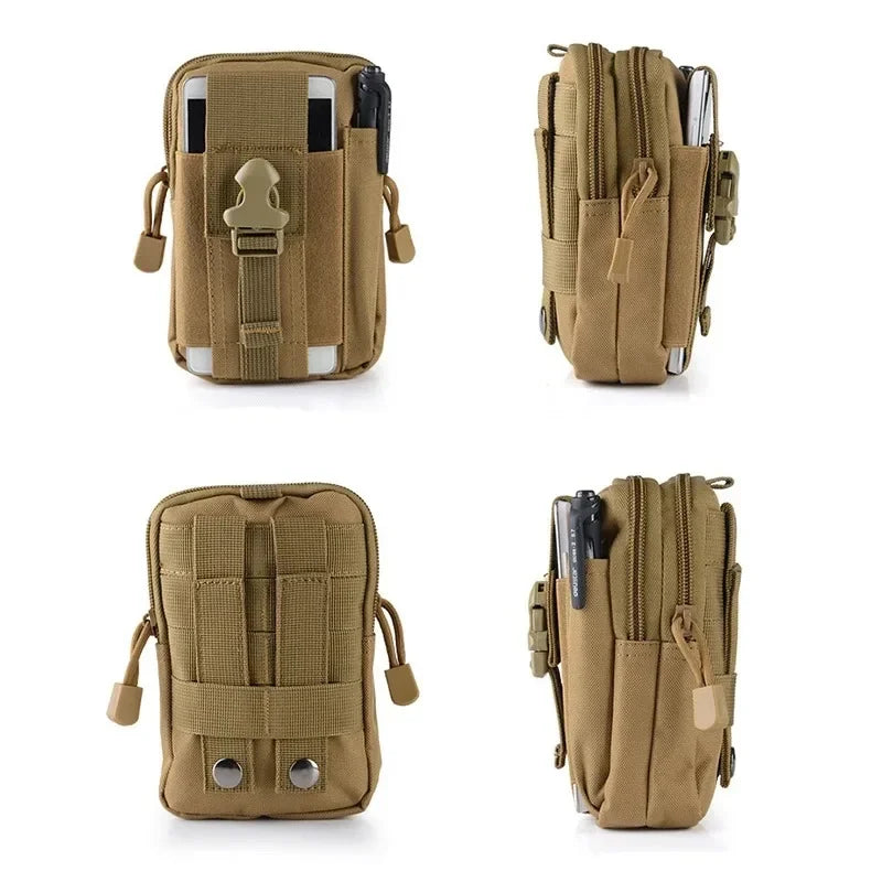 Olive green tactical MOLLE waist pouch with a dedicated phone pocket shown from the front and side.