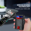 A black carbon fiber slim RFID protection wallet is shown being held by a hand, with an RFID blocking technology graphic in t