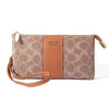A tan faux leather mini crossbody bag with a geometric pattern and a brown leather strap.