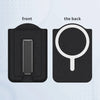 Front and back views of a black magnetic PU leather phone wallet with card holder and stand