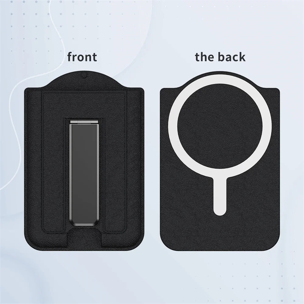 Front and back views of a black magnetic PU leather phone wallet with card holder and stand