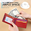 A red wallet is shown open, displaying cash and cards, with a cup and a notebook in the background.