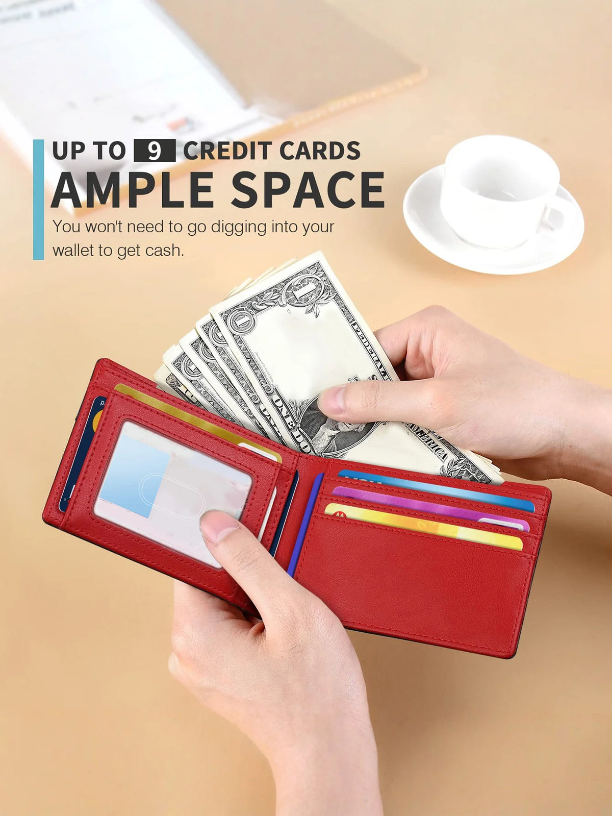 A red wallet is shown open, displaying cash and cards, with a cup and a notebook in the background.