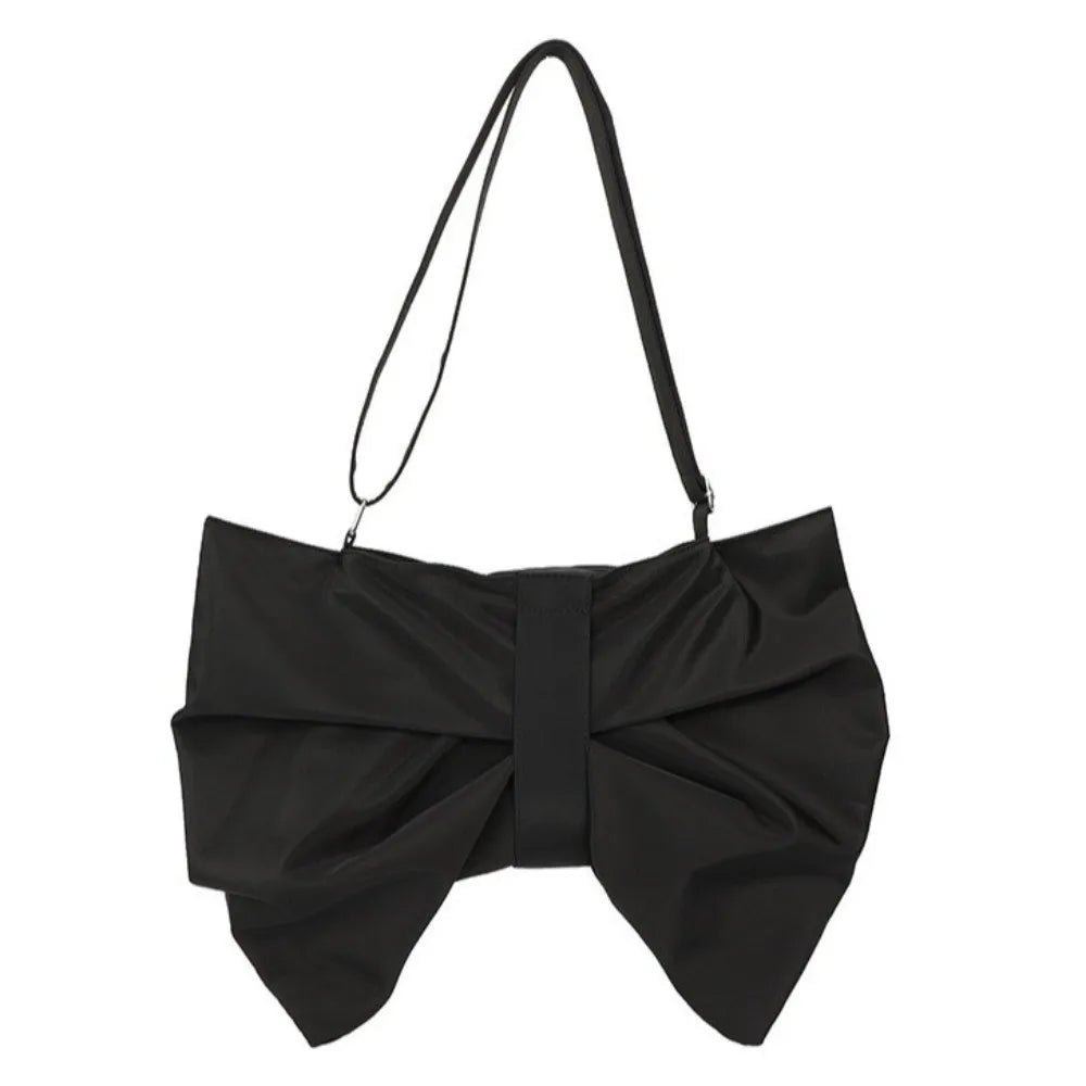 Black elegant pleated bow crossbody tote bag