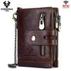 Brown genuine leather bifold wallet with RFID blocking protection and a double zipper closure