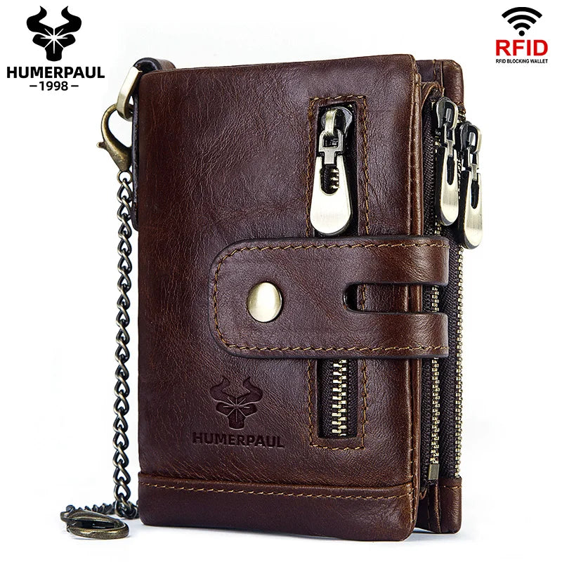Brown genuine leather bifold wallet with RFID blocking protection and a double zipper closure