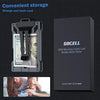 A black RFID blocking credit card holder wallet with a clear plastic slot for an ID card.