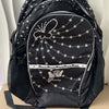 A black backpack featuring a butterfly print design with silver detailing.