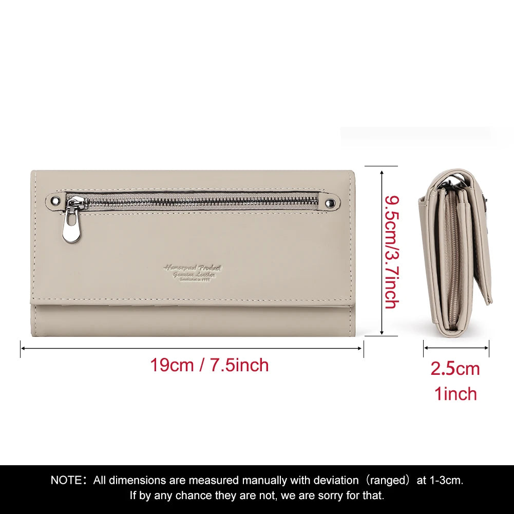 A light beige genuine leather women's wallet with a zipper closure and RFID protection features.