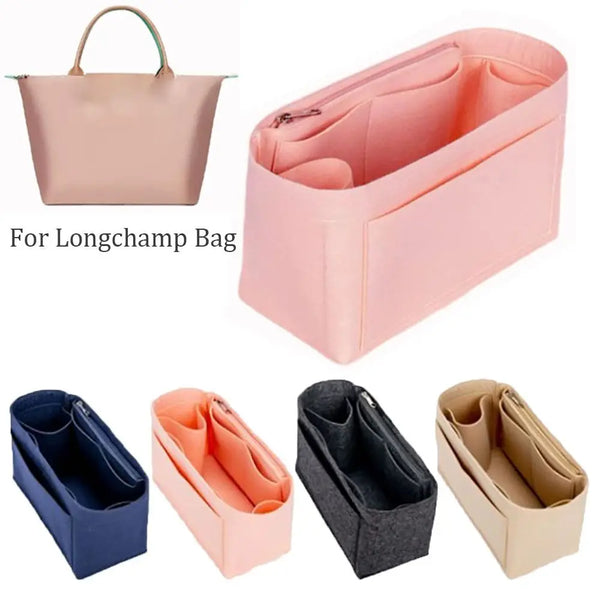Dustproof felt insert liners for longchamp bags shown in various colors and shapes