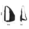 Black versatile crossbody sling bag shown with dimensions.