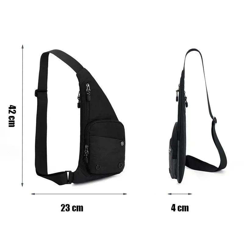 Black versatile crossbody sling bag shown with dimensions.