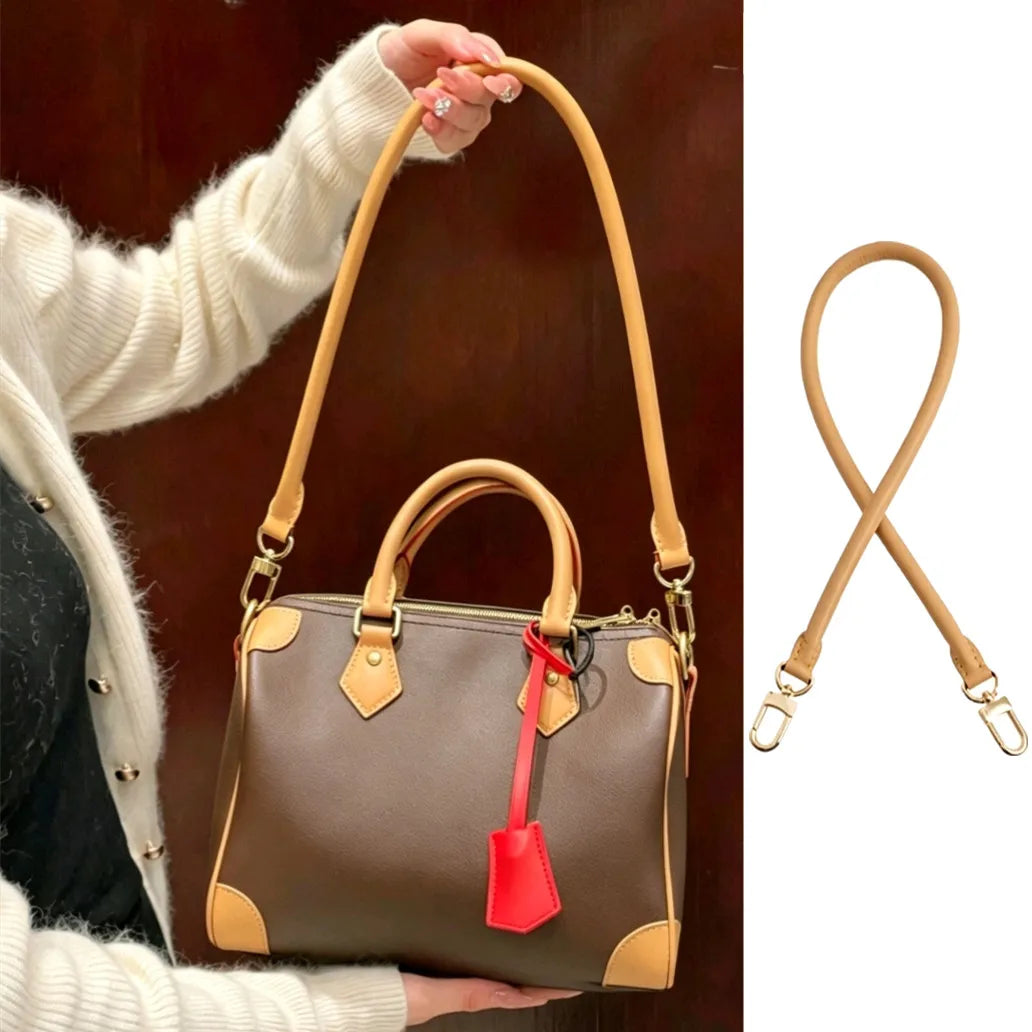 A brown leather shoulder strap is shown next to a tan handbag and a separate strap detail.